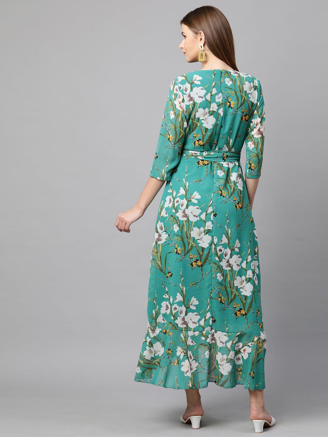 Floral Printed Pleated Maxi Dress - Rama Green - Indiakreations