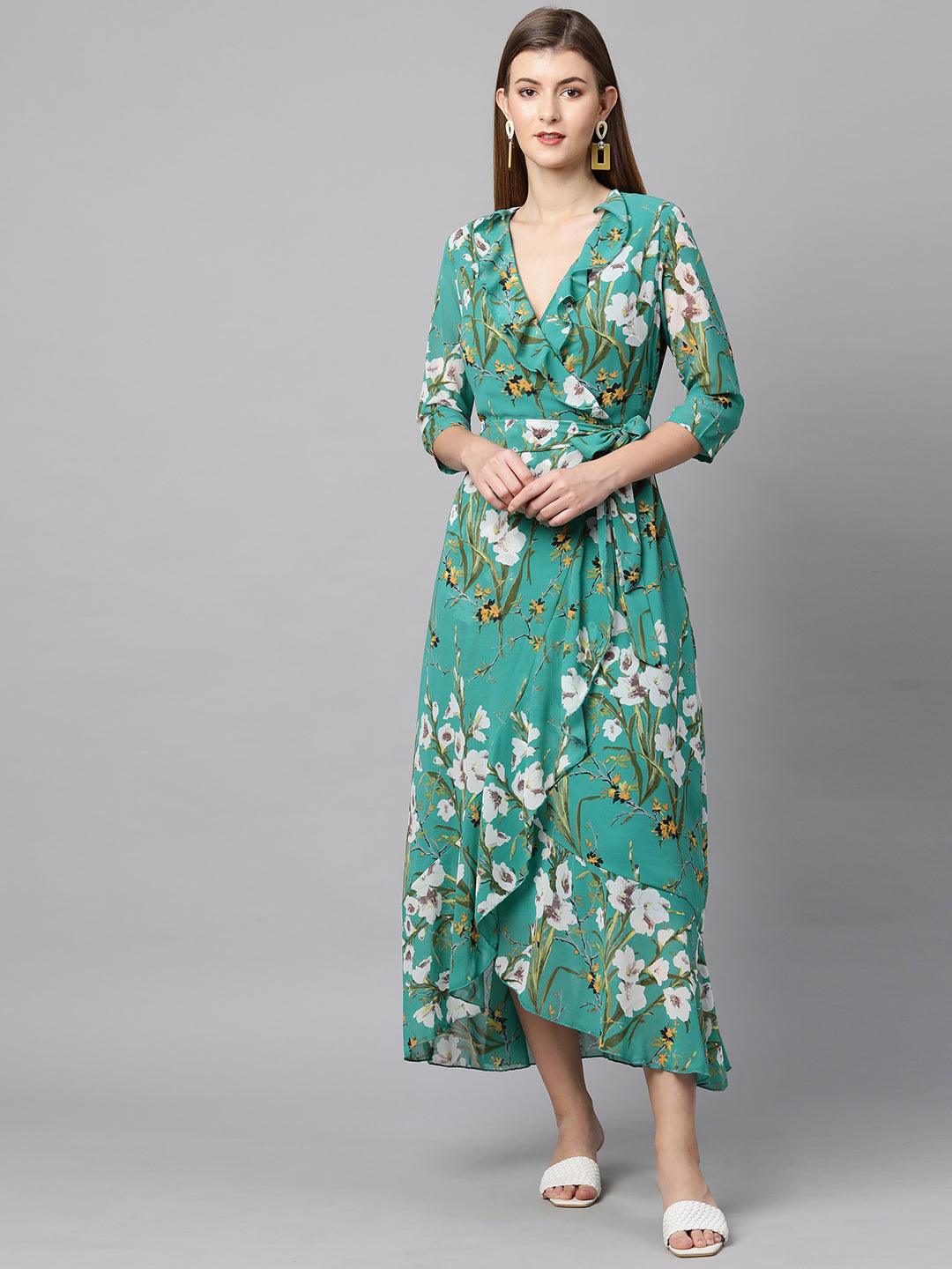 Floral Printed Pleated Maxi Dress - Rama Green - Indiakreations