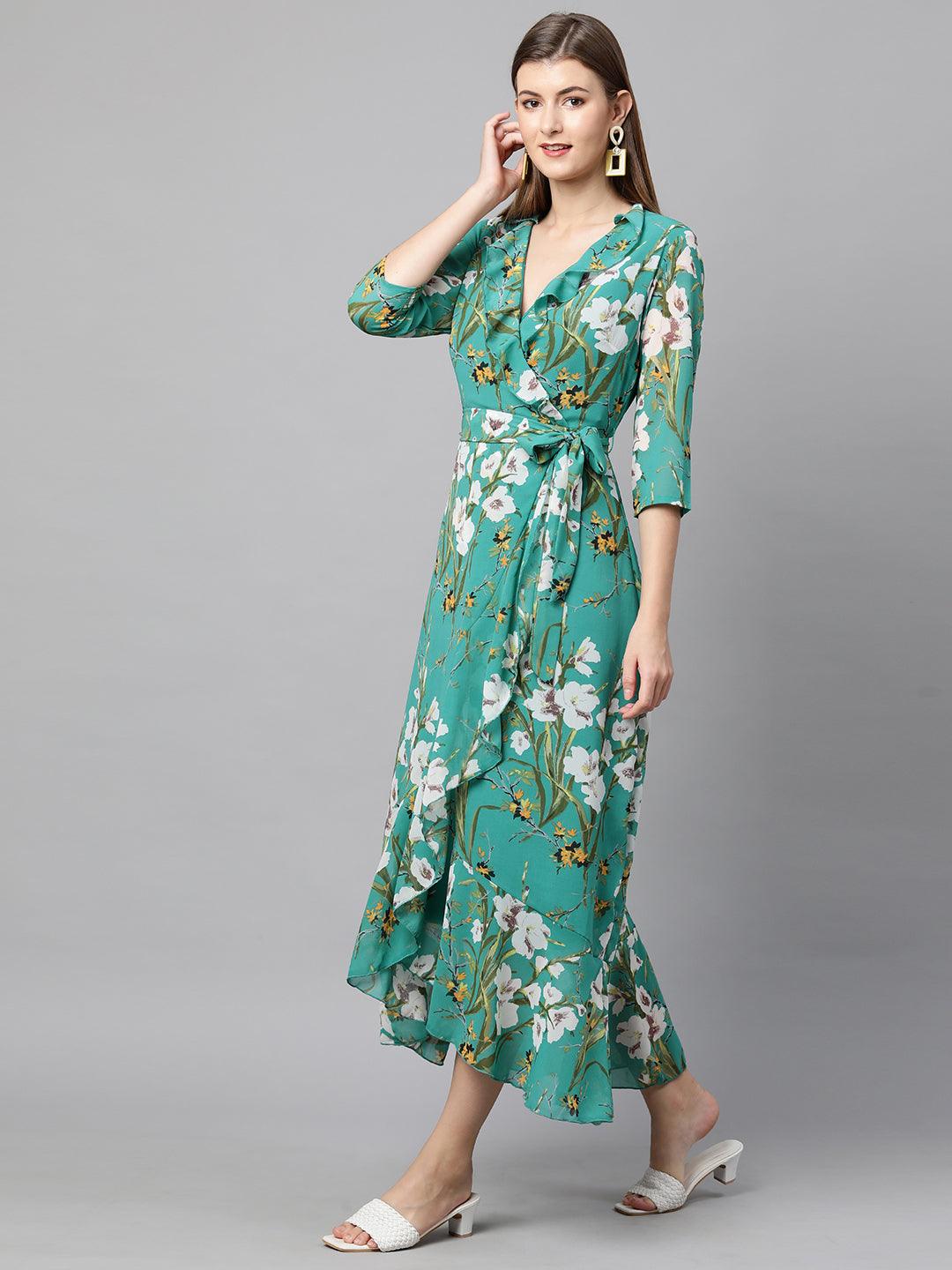 Floral Printed Pleated Maxi Dress - Rama Green - Indiakreations