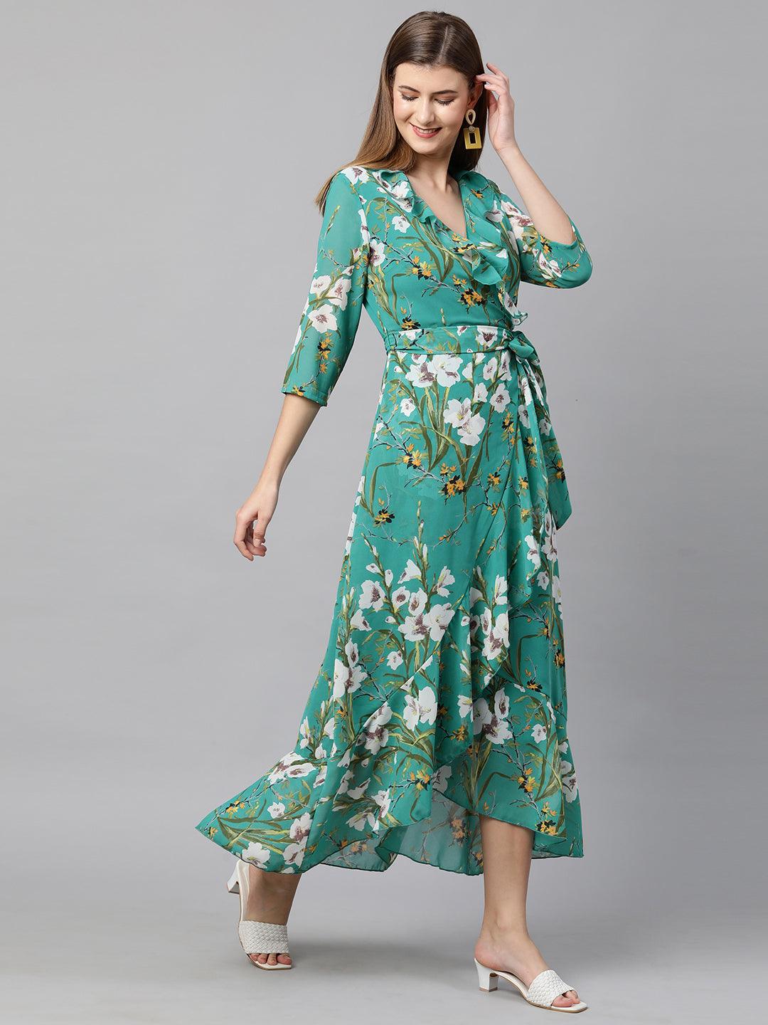 Floral Printed Pleated Maxi Dress - Rama Green - Indiakreations