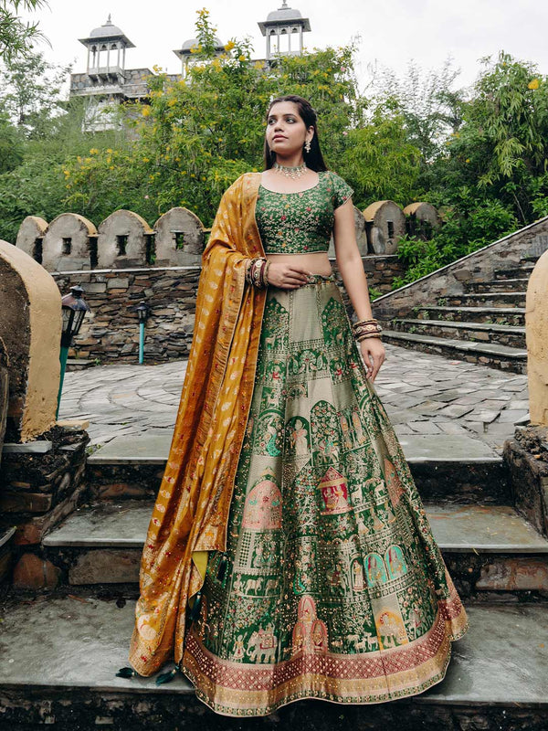 Aesthetic Green Unstitched Lehenga With Opulent Indian Design & Yellow Dupatta