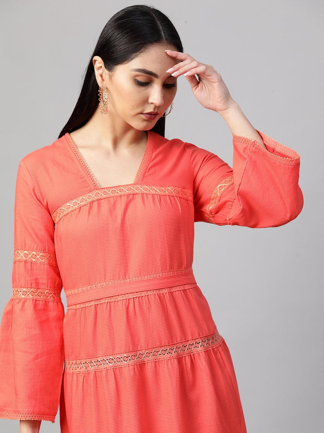 Cotton Textured Crochet Embroidered Maxi - Coral Peach - Indiakreations