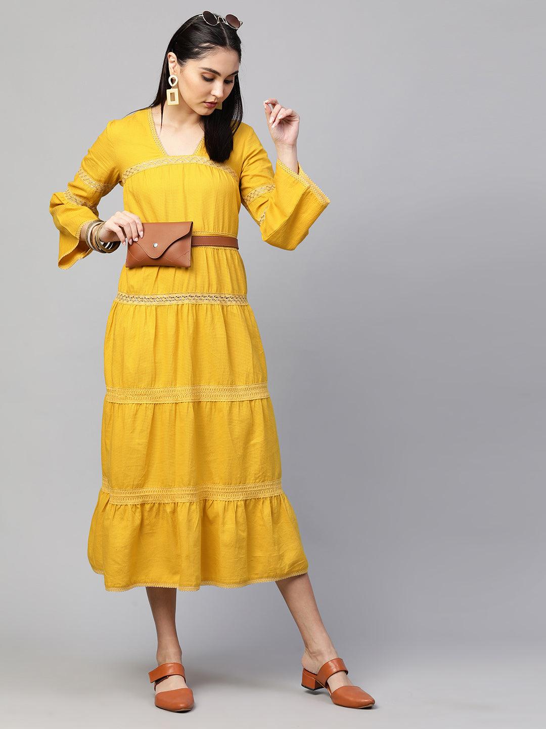 Cotton Textured Crochet Embroidered Maxi - Mustard - Indiakreations