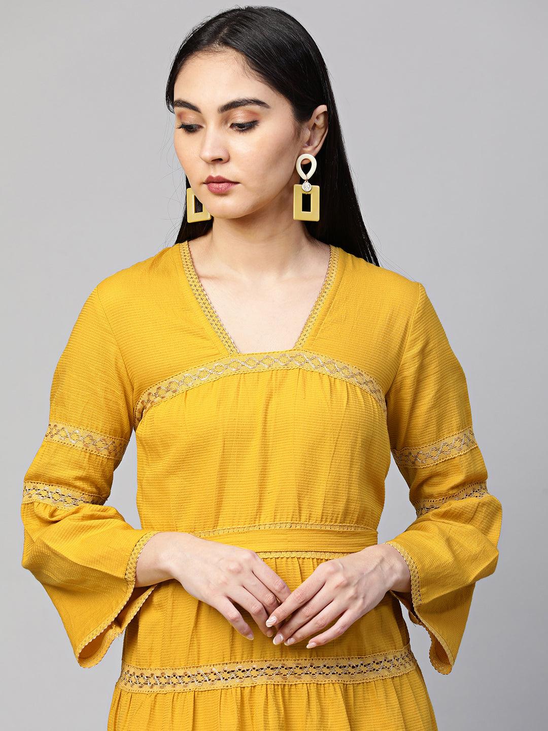 Cotton Textured Crochet Embroidered Maxi - Mustard - Indiakreations