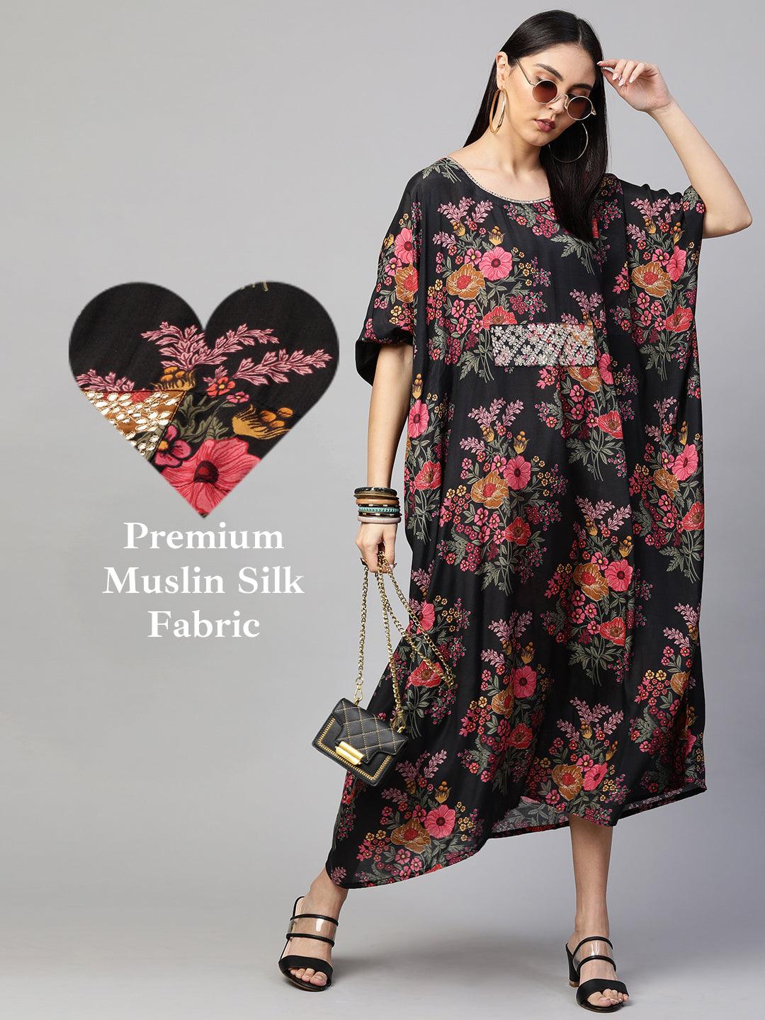 Floral Printed & Embellished Kaftan - Black - Indiakreations