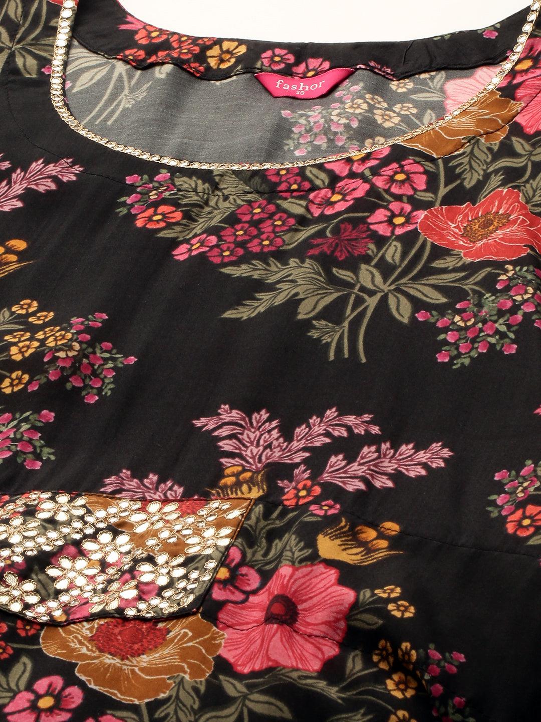 Floral Printed & Embellished Kaftan - Black - Indiakreations