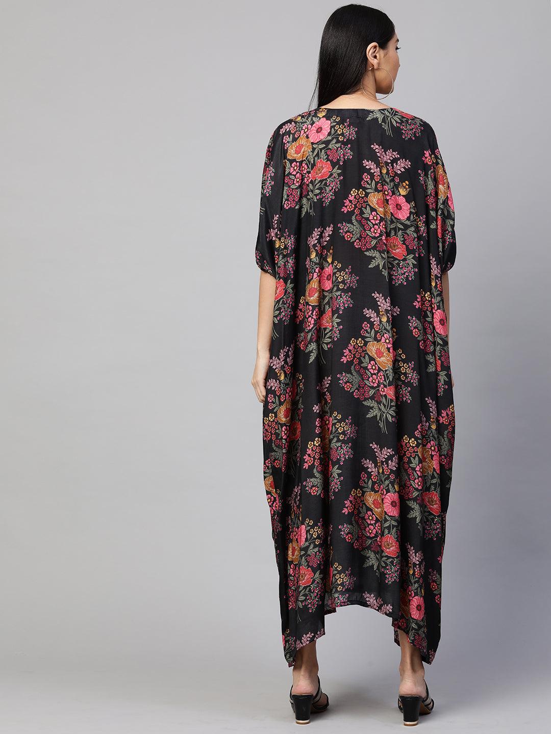 Floral Printed & Embellished Kaftan - Black - Indiakreations