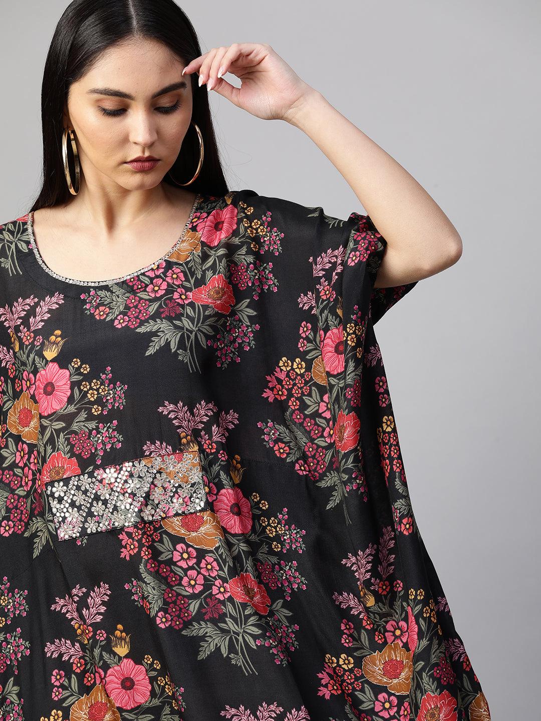 Floral Printed & Embellished Kaftan - Black - Indiakreations