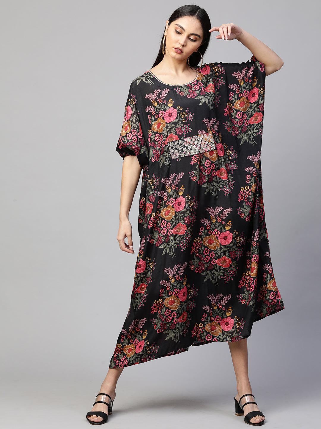 Floral Printed & Embellished Kaftan - Black - Indiakreations