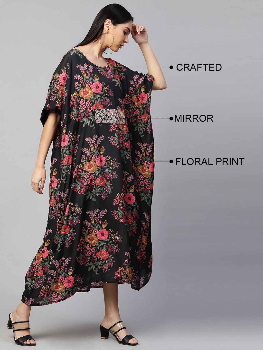 Floral Printed & Embellished Kaftan - Black - Indiakreations