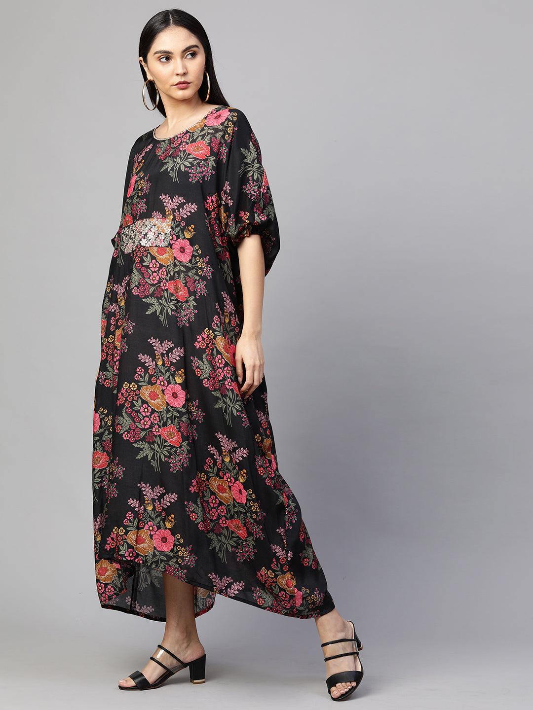 Floral Printed & Embellished Kaftan - Black - Indiakreations