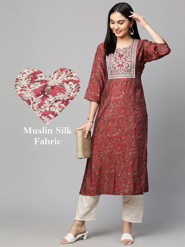 Floral Printed & Embroidered Straight Kurta with Mask - Hippie Pink - Indiakreations