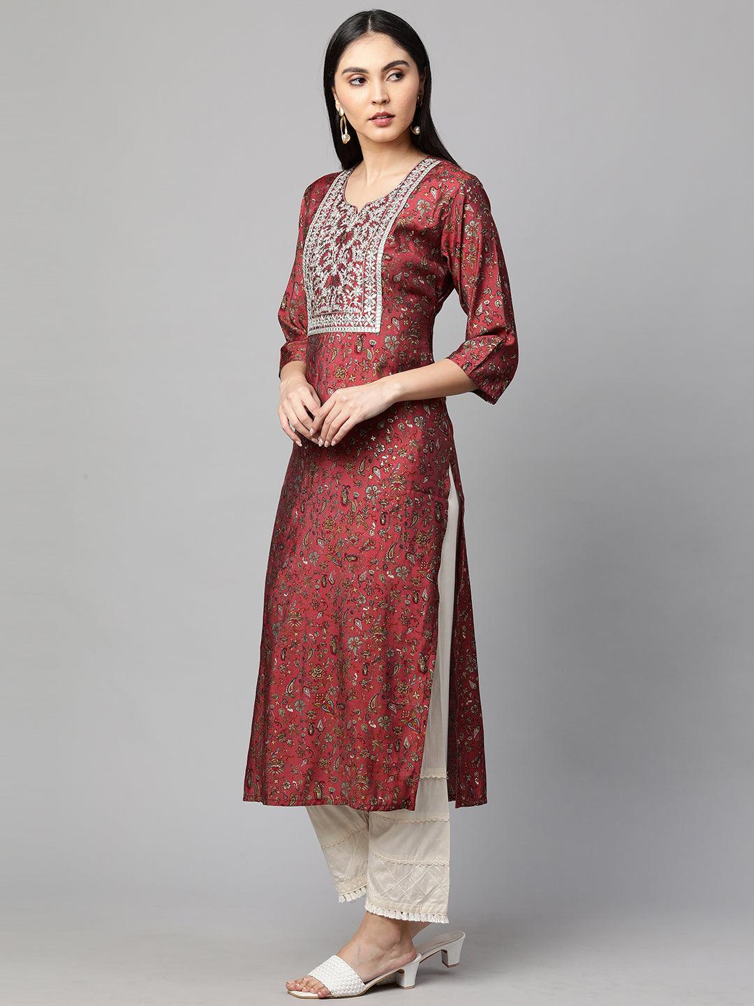 Floral Printed & Embroidered Straight Kurta with Mask - Hippie Pink - Indiakreations