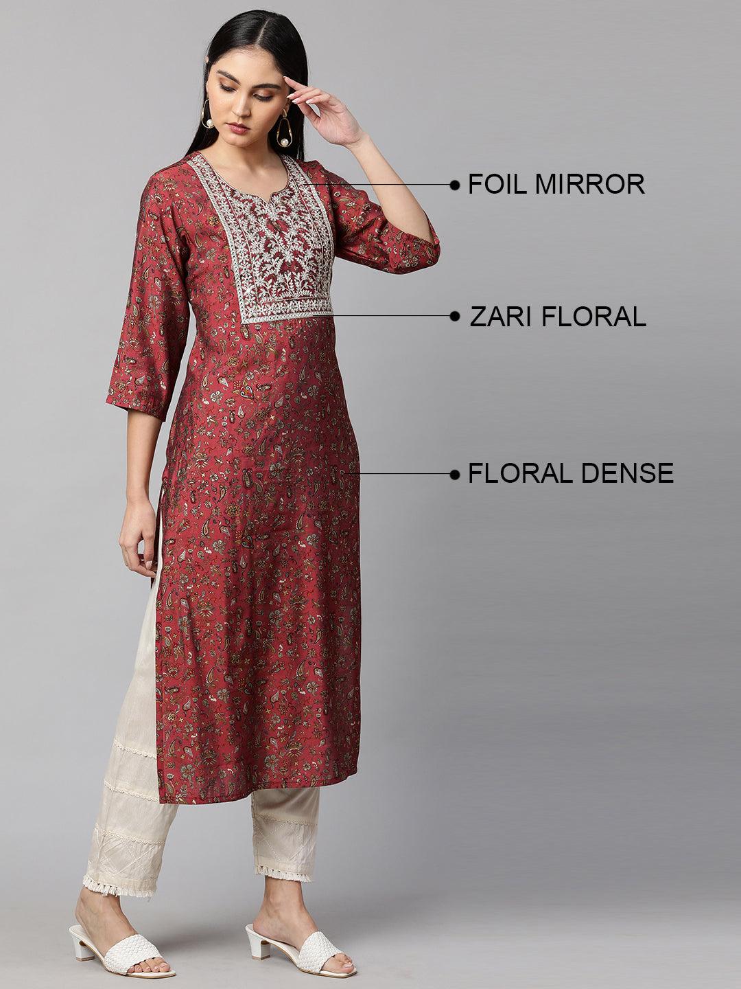 Floral Printed & Embroidered Straight Kurta with Mask - Hippie Pink - Indiakreations