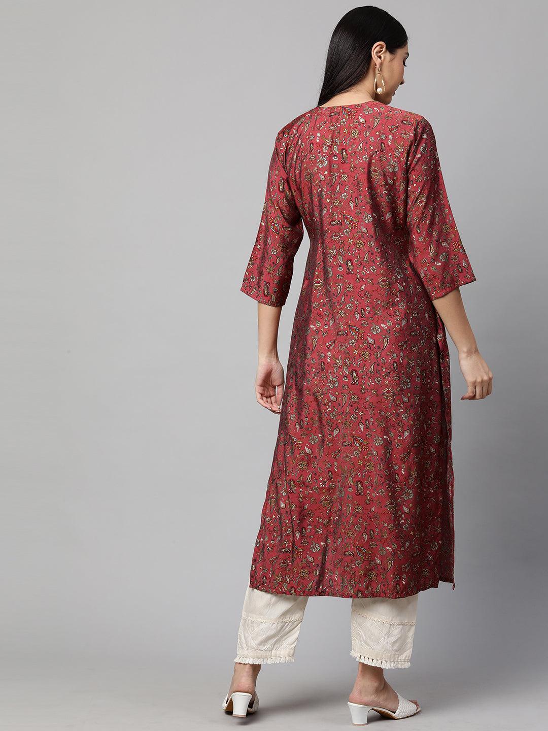 Floral Printed & Embroidered Straight Kurta with Mask - Hippie Pink - Indiakreations