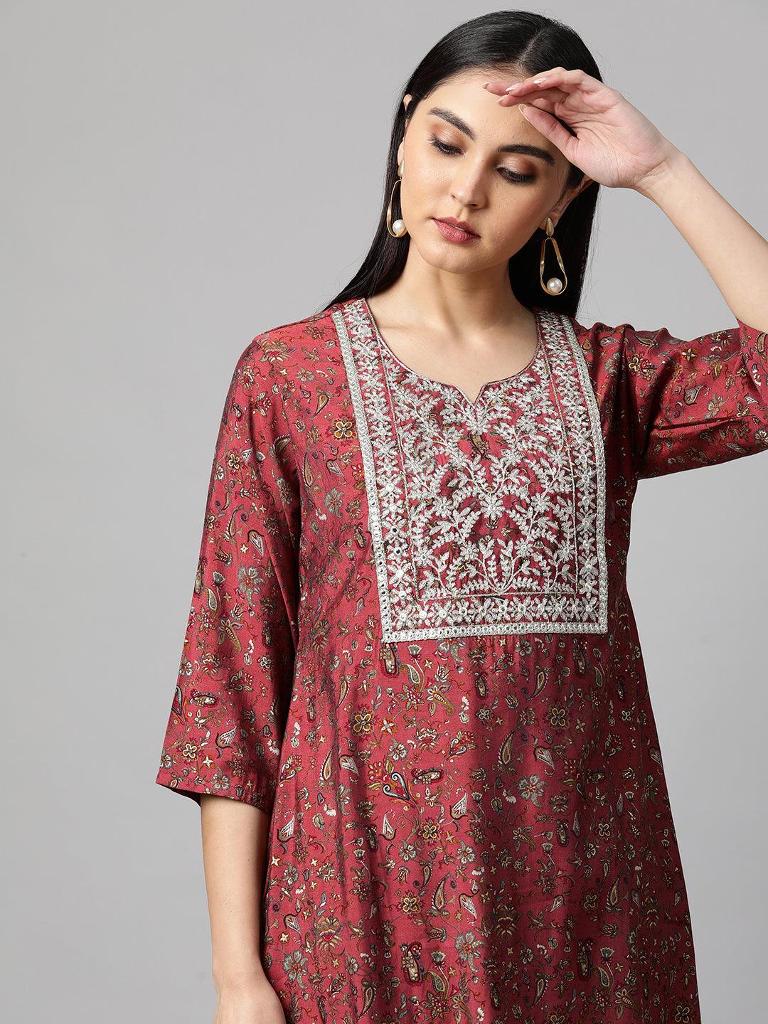 Floral Printed & Embroidered Straight Kurta with Mask - Hippie Pink - Indiakreations