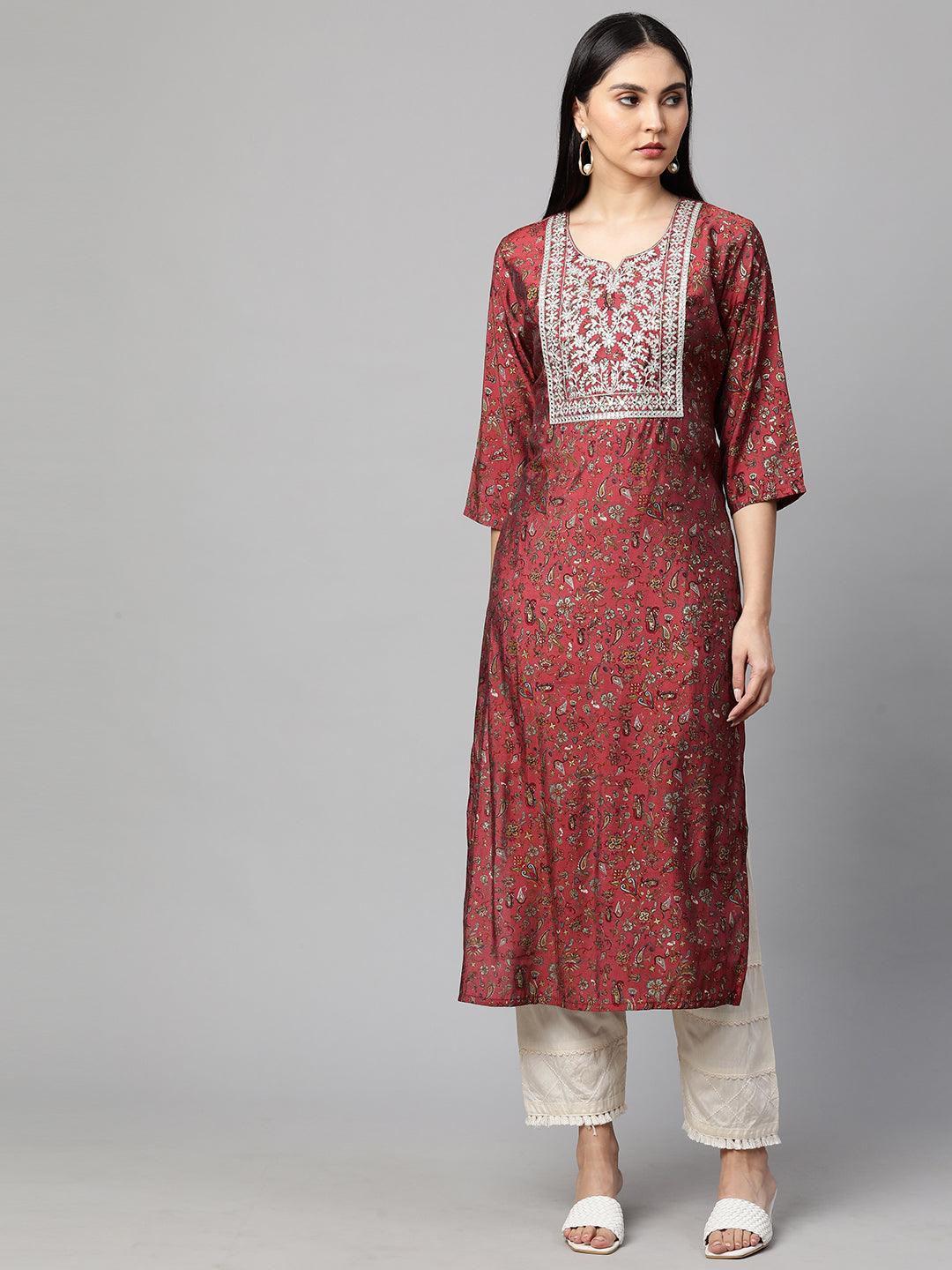 Floral Printed & Embroidered Straight Kurta with Mask - Hippie Pink - Indiakreations