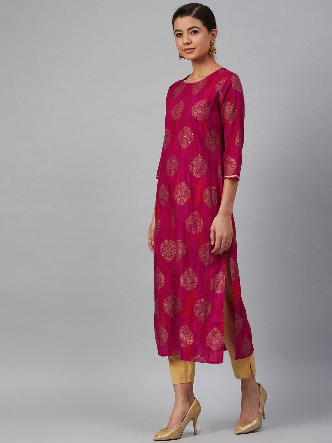 Women's Pink & Golden Printed Straight Dyed Kurta - Meeranshi - Indiakreations