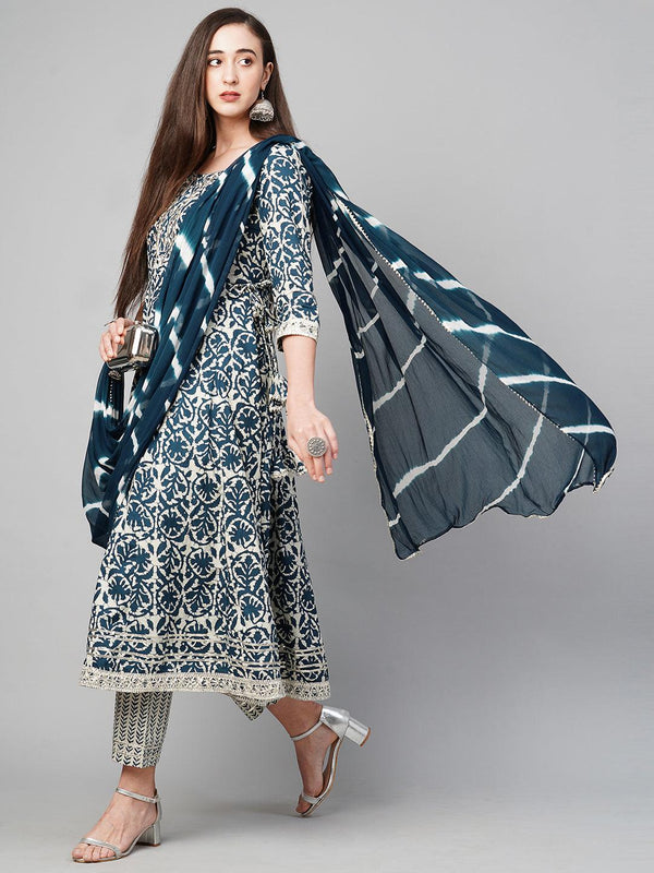 Ethnic Printed Kurta with Pant with Dupatta & Mask - Indigo Blue - Indiakreations