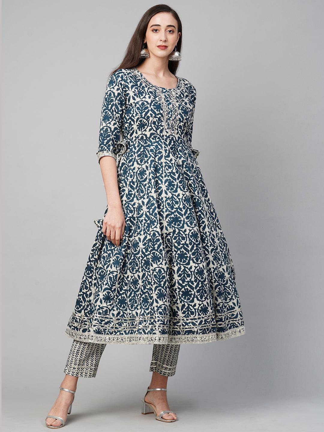 Ethnic Printed Kurta with Pant with Dupatta & Mask - Indigo Blue - Indiakreations