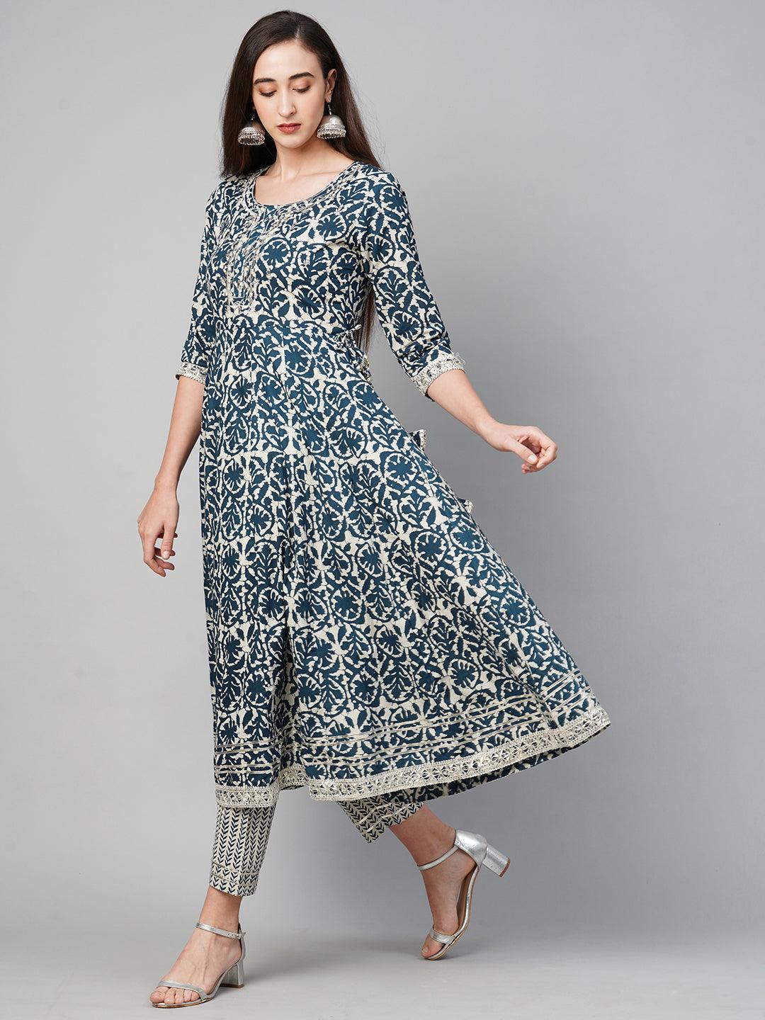 Ethnic Printed Kurta with Pant with Dupatta & Mask - Indigo Blue - Indiakreations