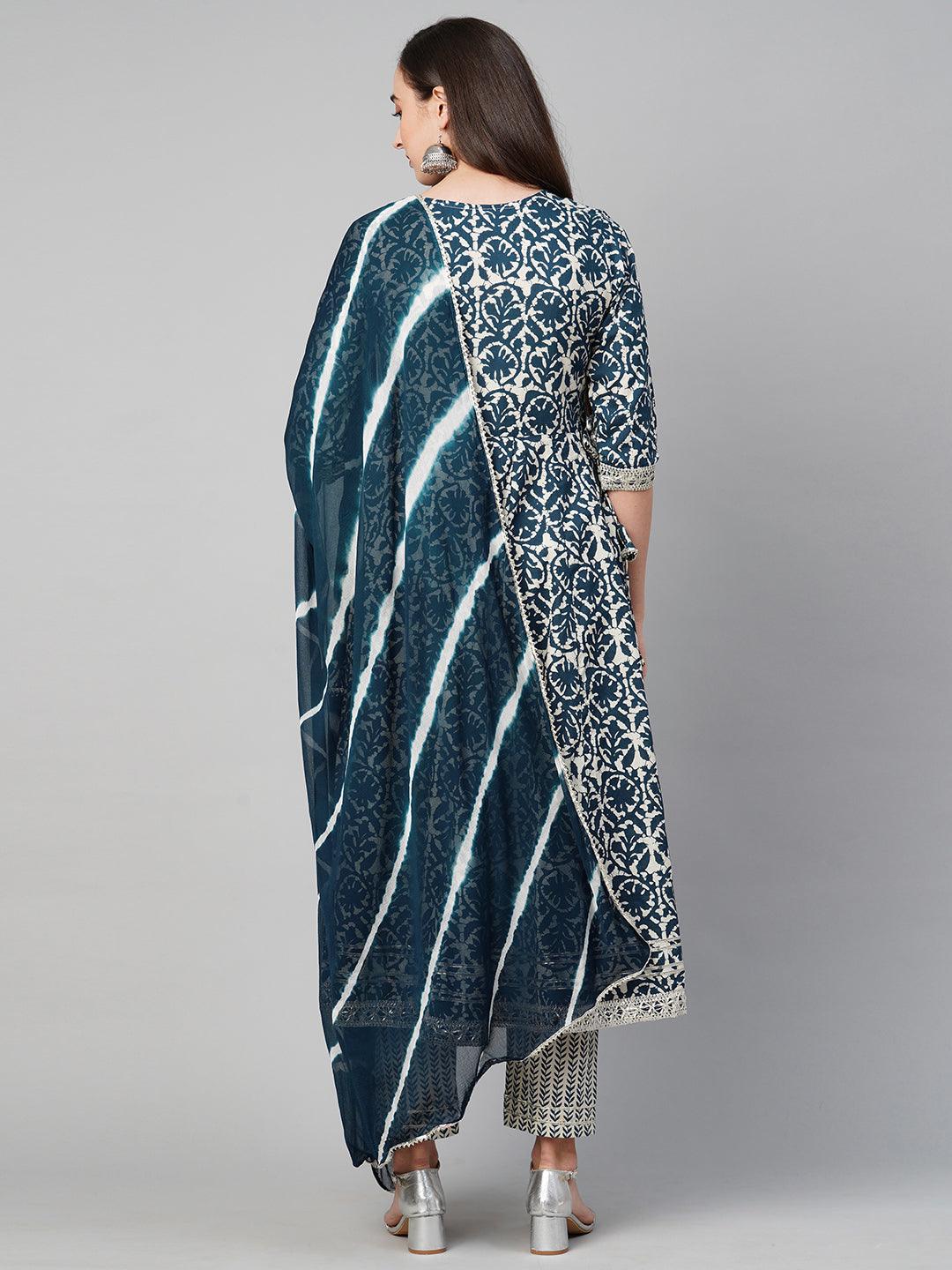 Ethnic Printed Kurta with Pant with Dupatta & Mask - Indigo Blue - Indiakreations