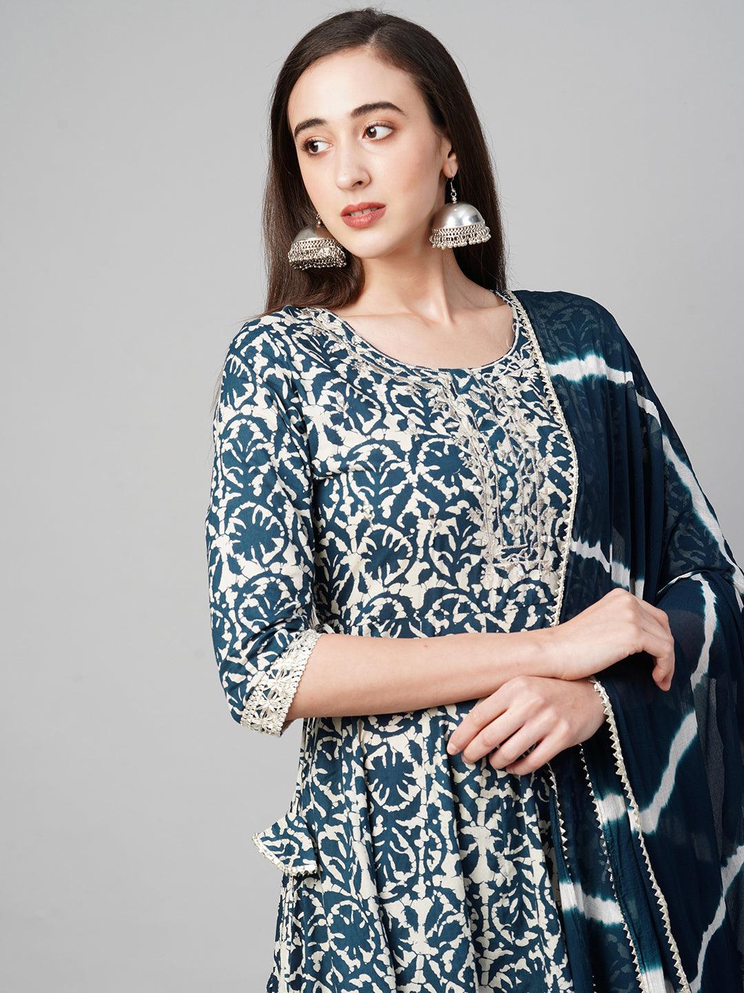 Ethnic Printed Kurta with Pant with Dupatta & Mask - Indigo Blue - Indiakreations