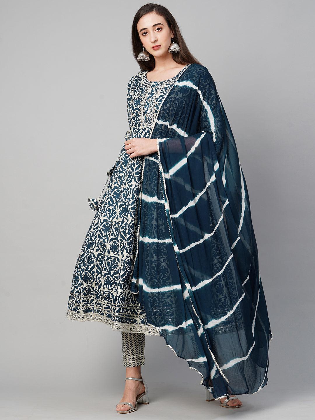 Ethnic Printed Kurta with Pant with Dupatta & Mask - Indigo Blue - Indiakreations