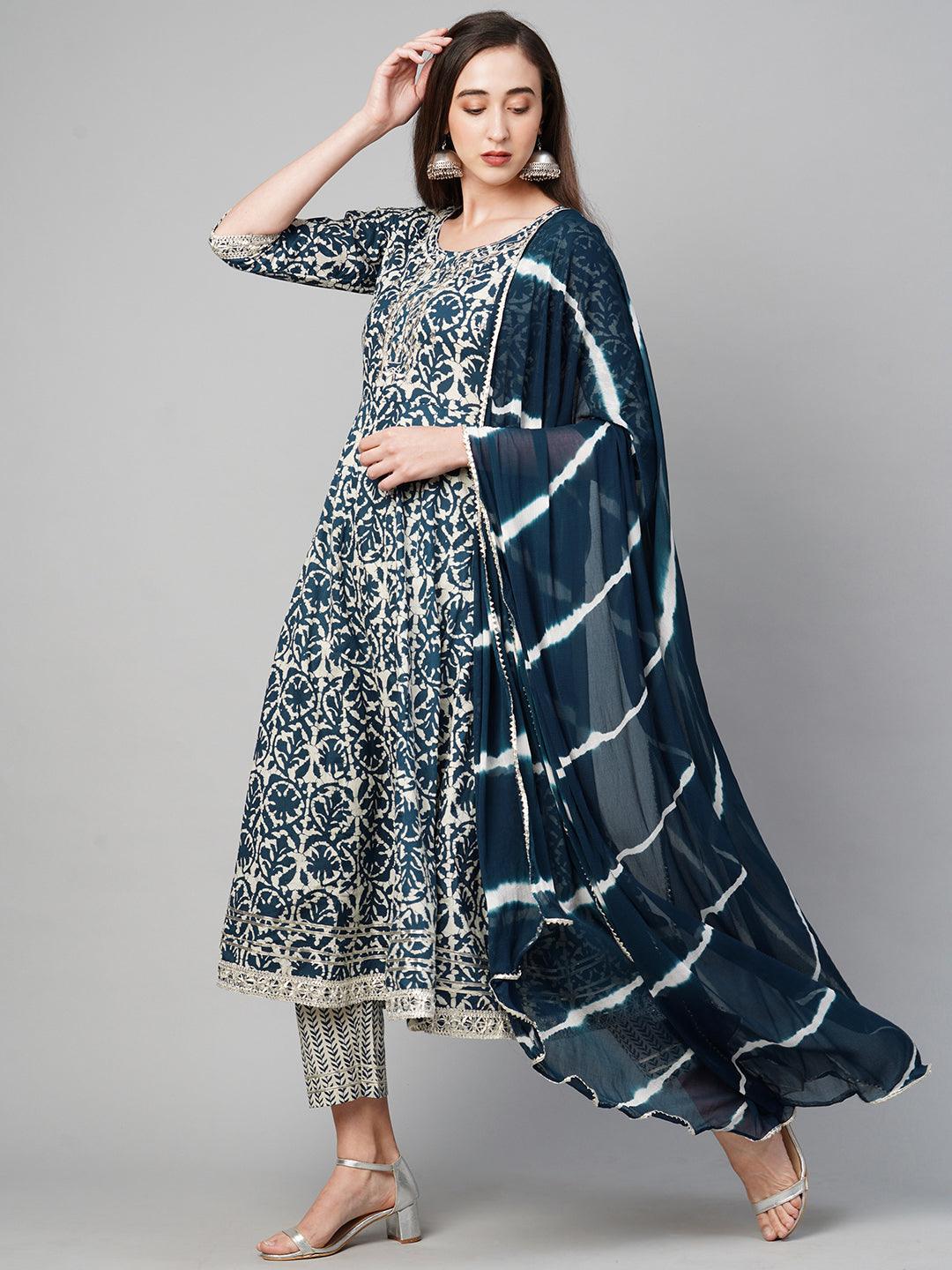 Ethnic Printed Kurta with Pant with Dupatta & Mask - Indigo Blue - Indiakreations