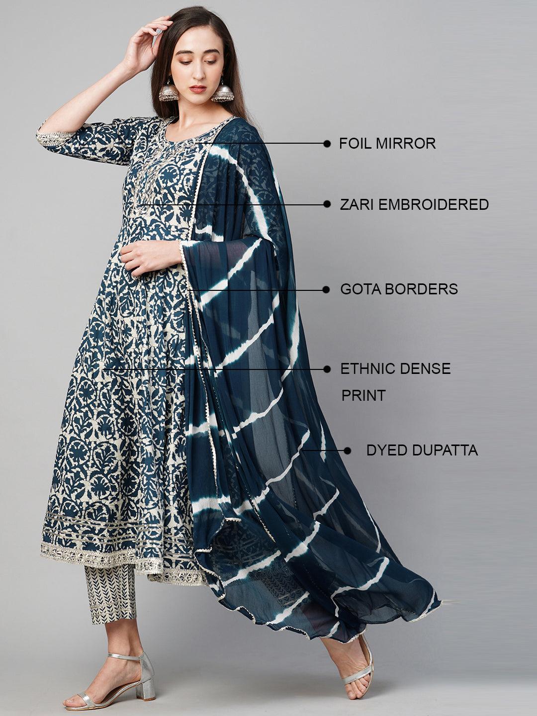 Ethnic Printed Kurta with Pant with Dupatta & Mask - Indigo Blue - Indiakreations