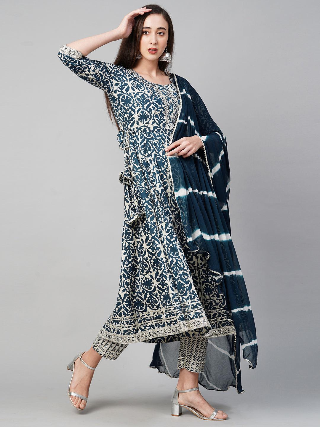 Ethnic Printed Kurta with Pant with Dupatta & Mask - Indigo Blue - Indiakreations