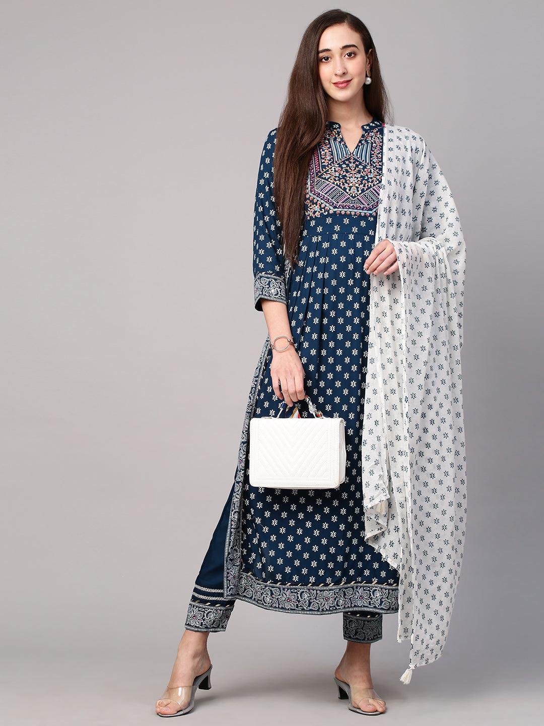 Khari Printed Kurta and Pant with Contrast Dupatta - Teal Blue - Indiakreations