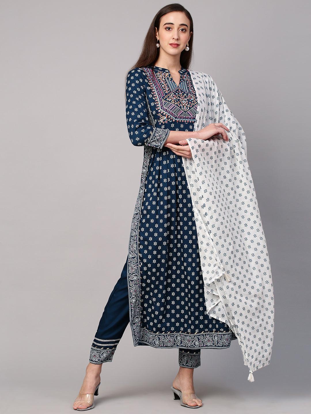 Khari Printed Kurta and Pant with Contrast Dupatta - Teal Blue - Indiakreations