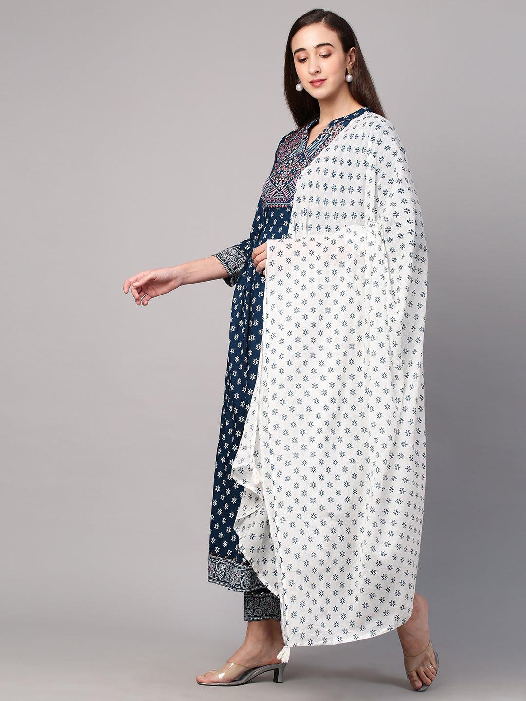 Khari Printed Kurta and Pant with Contrast Dupatta - Teal Blue - Indiakreations