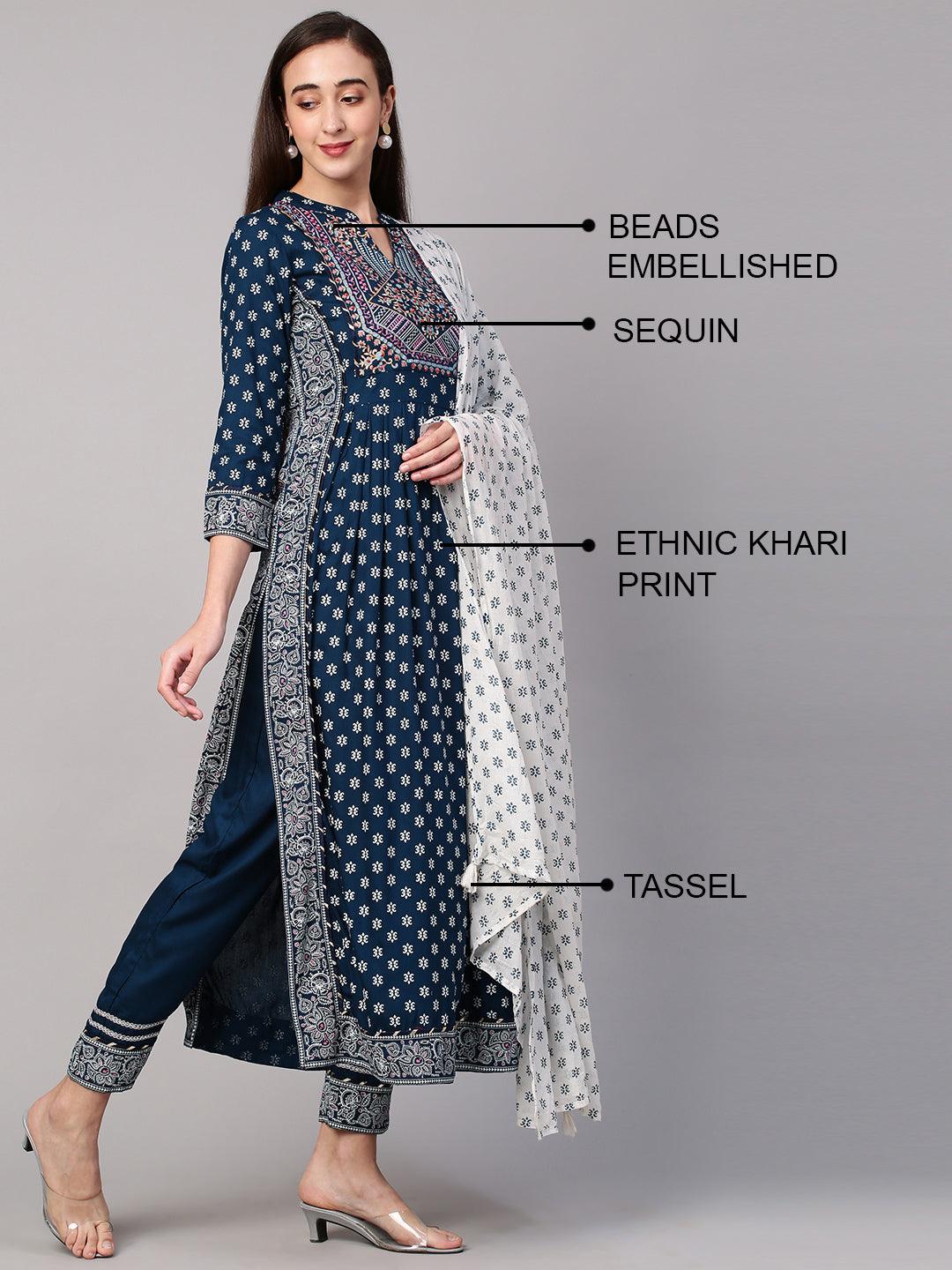 Khari Printed Kurta and Pant with Contrast Dupatta - Teal Blue - Indiakreations