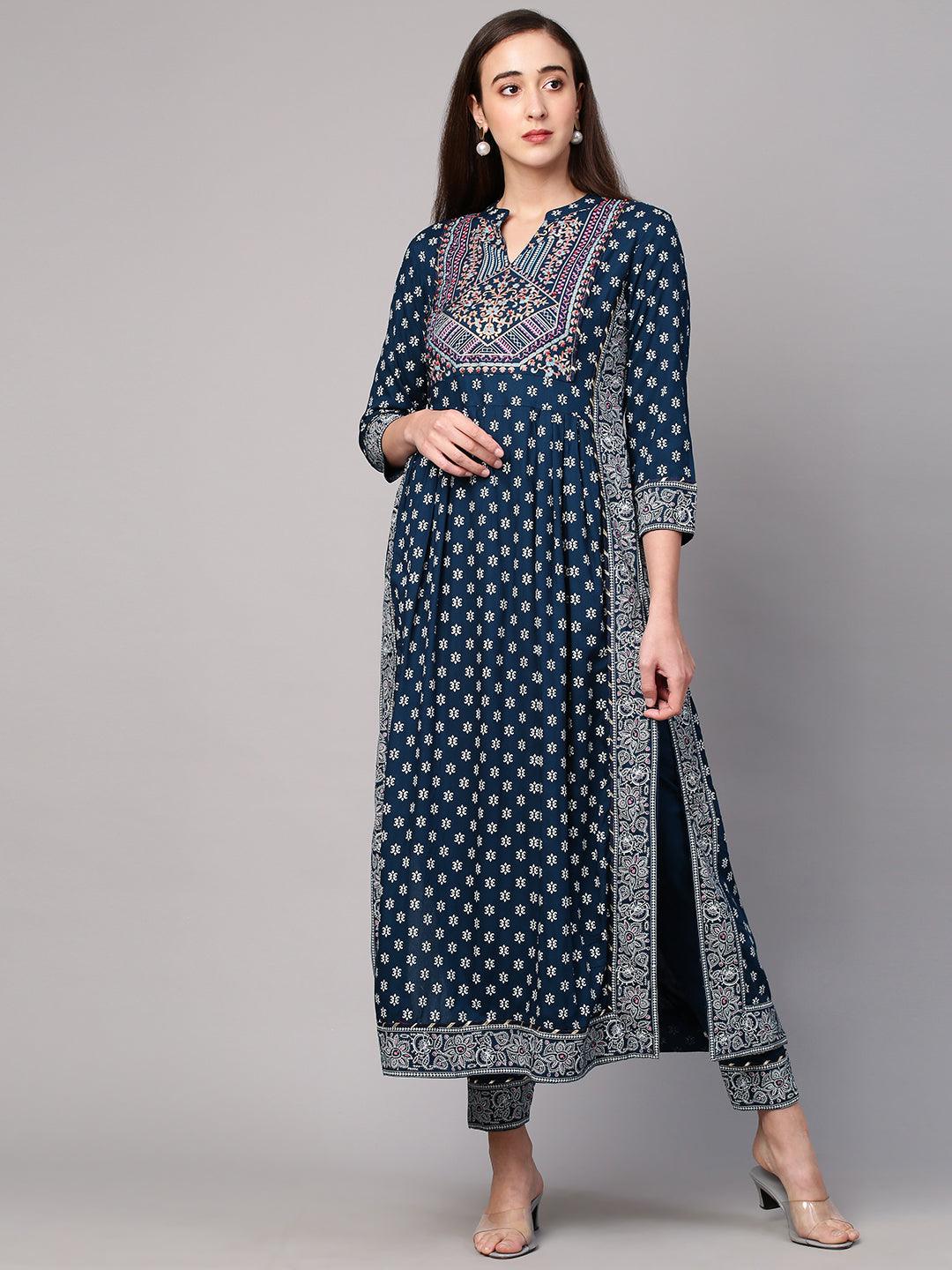 Khari Printed Kurta and Pant with Contrast Dupatta - Teal Blue - Indiakreations