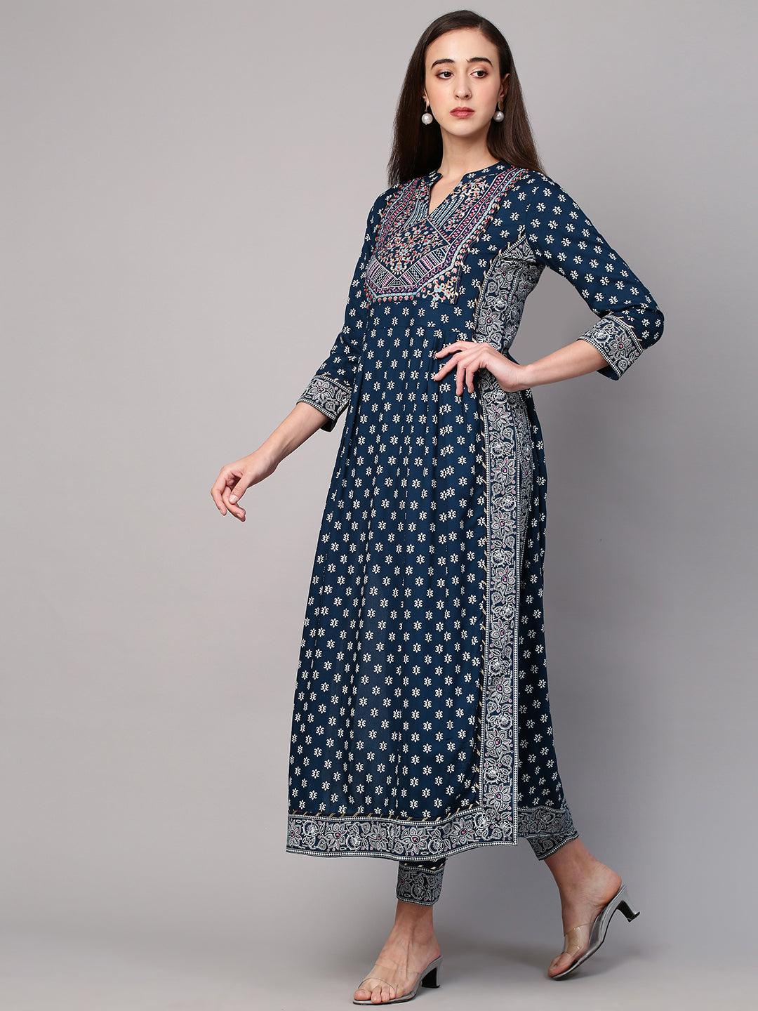 Khari Printed Kurta and Pant with Contrast Dupatta - Teal Blue - Indiakreations