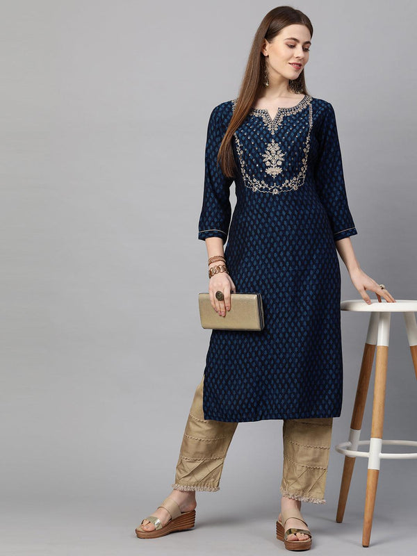 Ethnic Printed & Embroidered Straight Kurta - Peacock Blue - Indiakreations