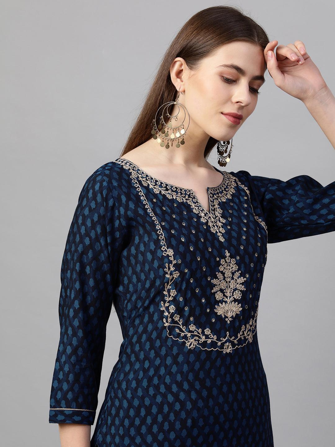 Ethnic Printed & Embroidered Straight Kurta - Peacock Blue - Indiakreations