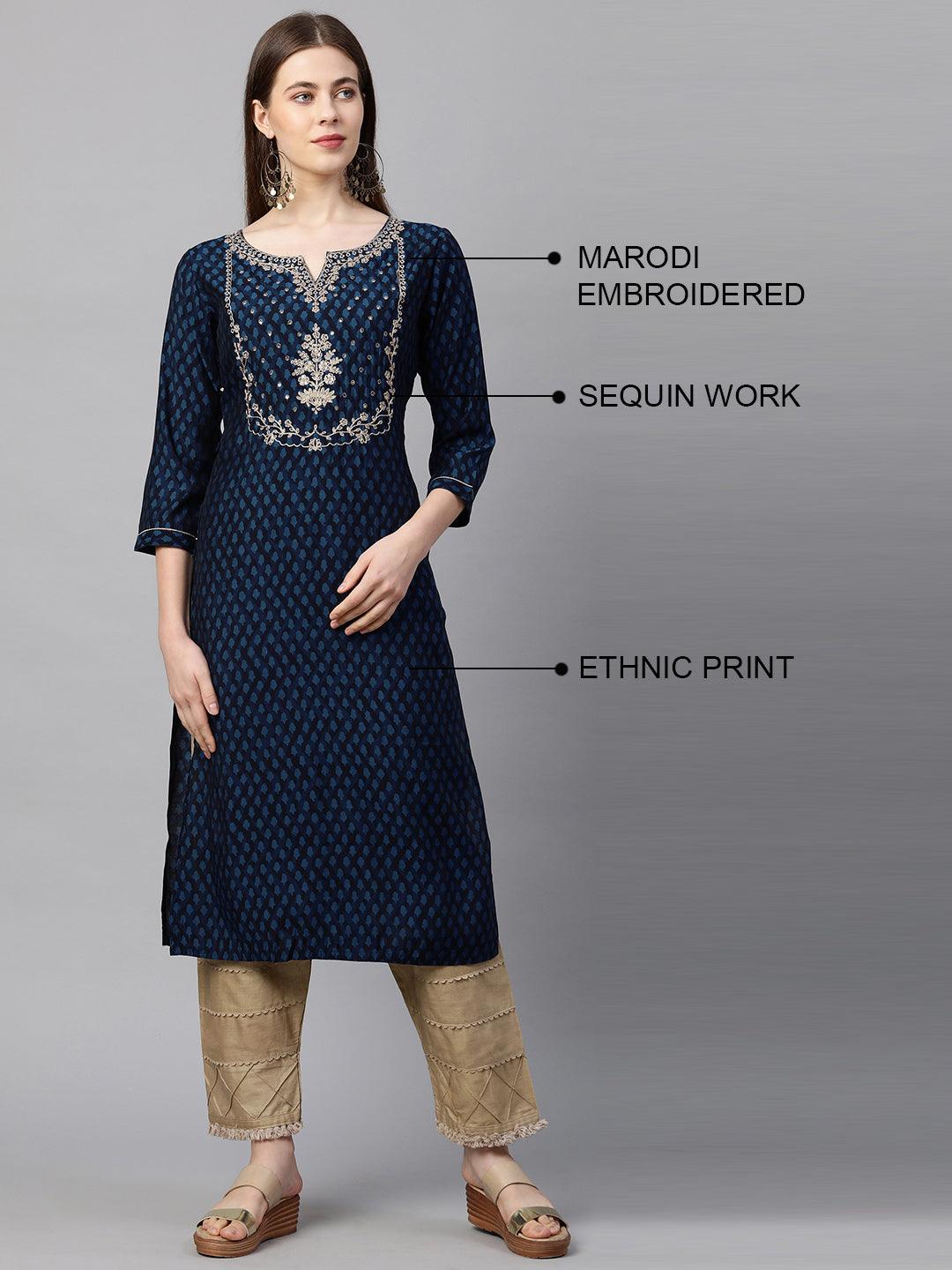 Ethnic Printed & Embroidered Straight Kurta - Peacock Blue - Indiakreations