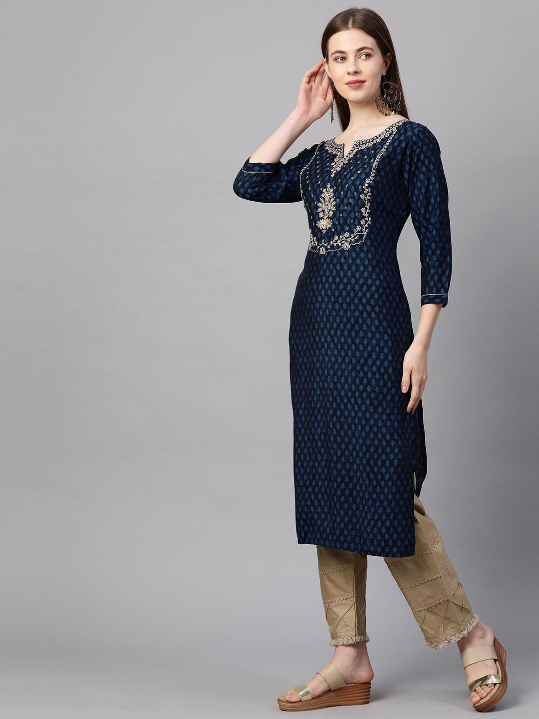 Ethnic Printed & Embroidered Straight Kurta - Peacock Blue - Indiakreations