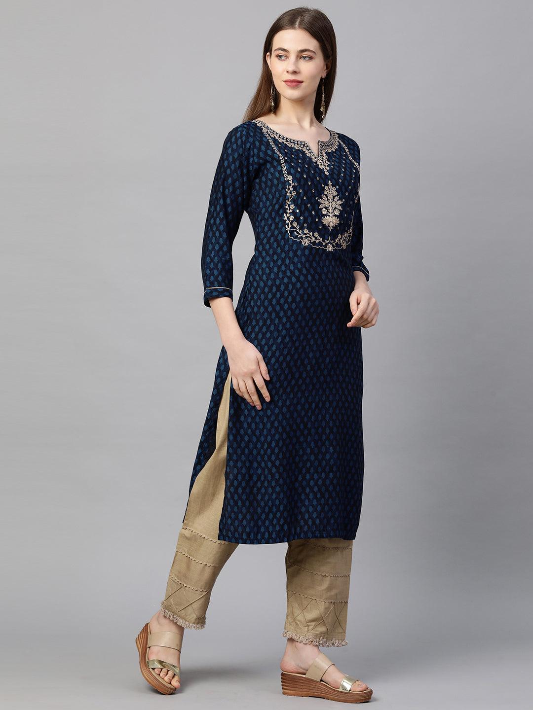 Ethnic Printed & Embroidered Straight Kurta - Peacock Blue - Indiakreations