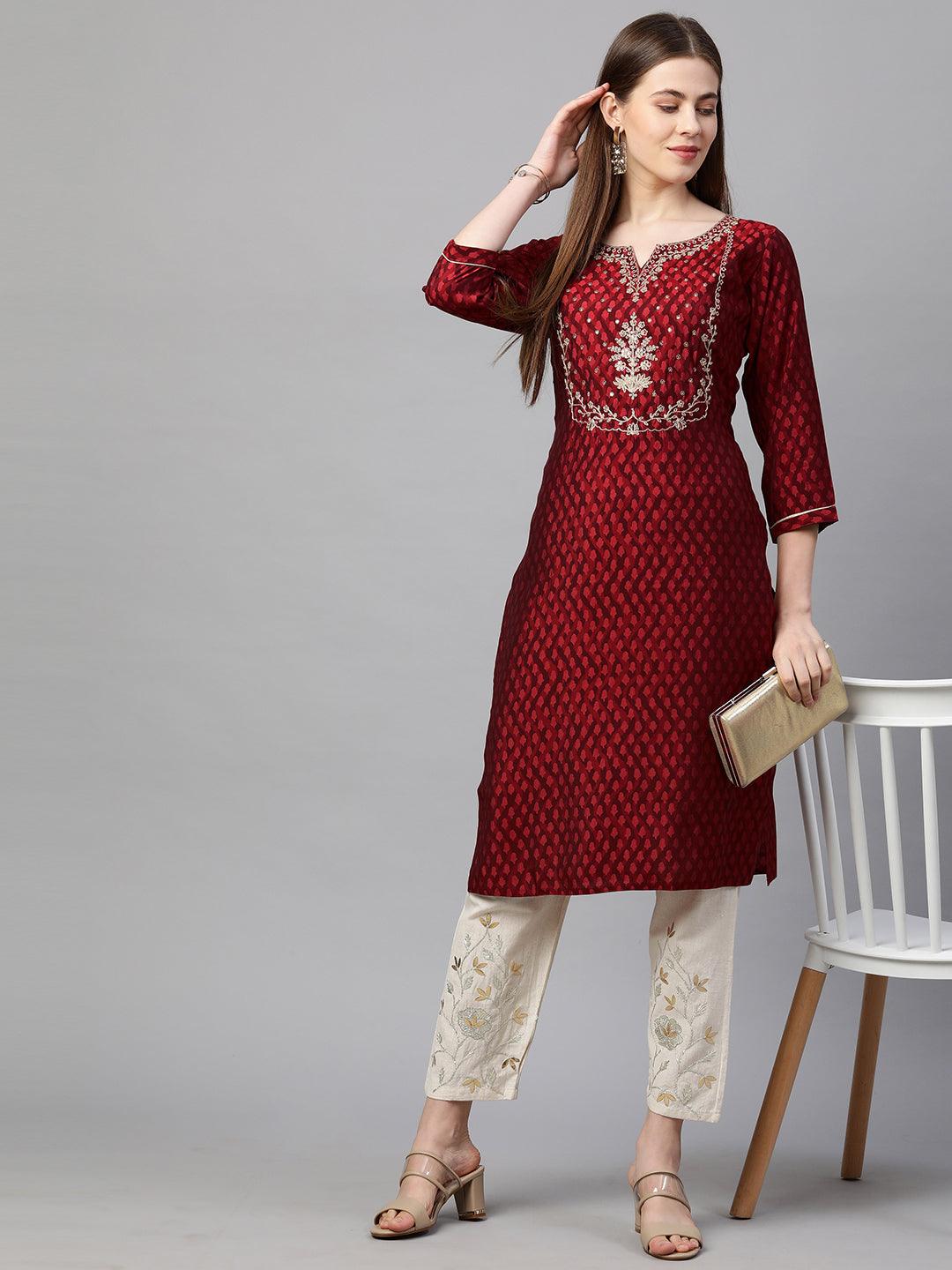 Ethnic Printed & Embroidered Straight Kurta - Garnet Red - Indiakreations