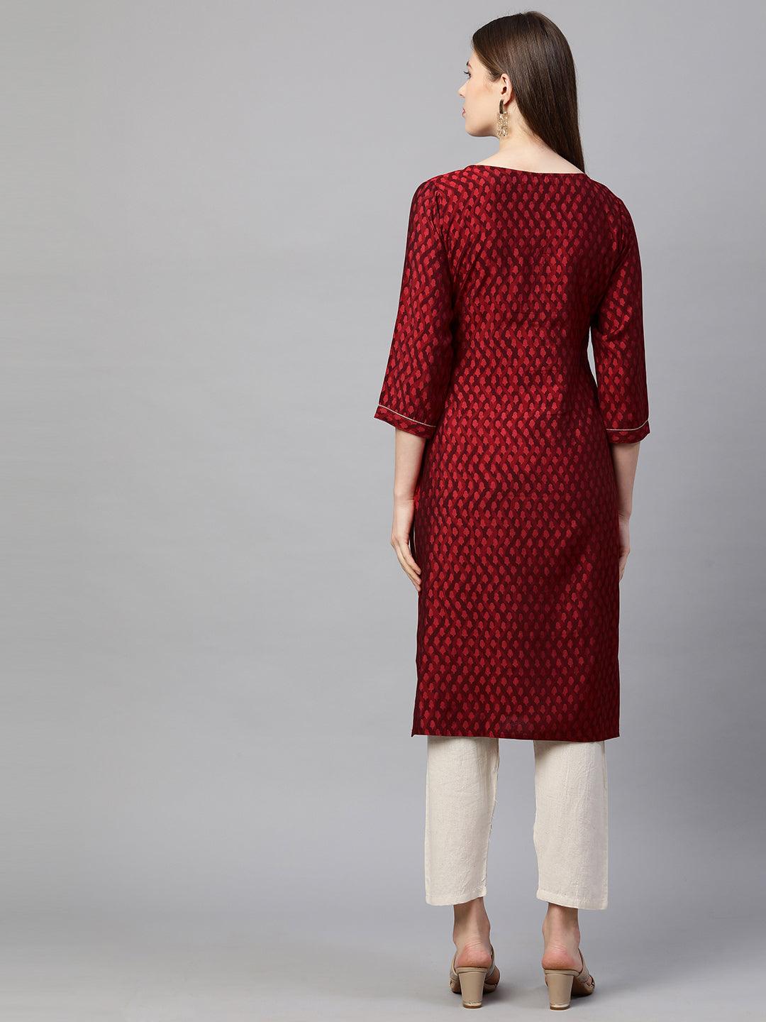 Ethnic Printed & Embroidered Straight Kurta - Garnet Red - Indiakreations