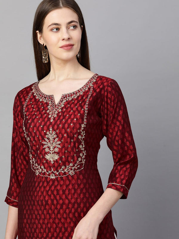 Ethnic Printed & Embroidered Straight Kurta - Garnet Red - Indiakreations