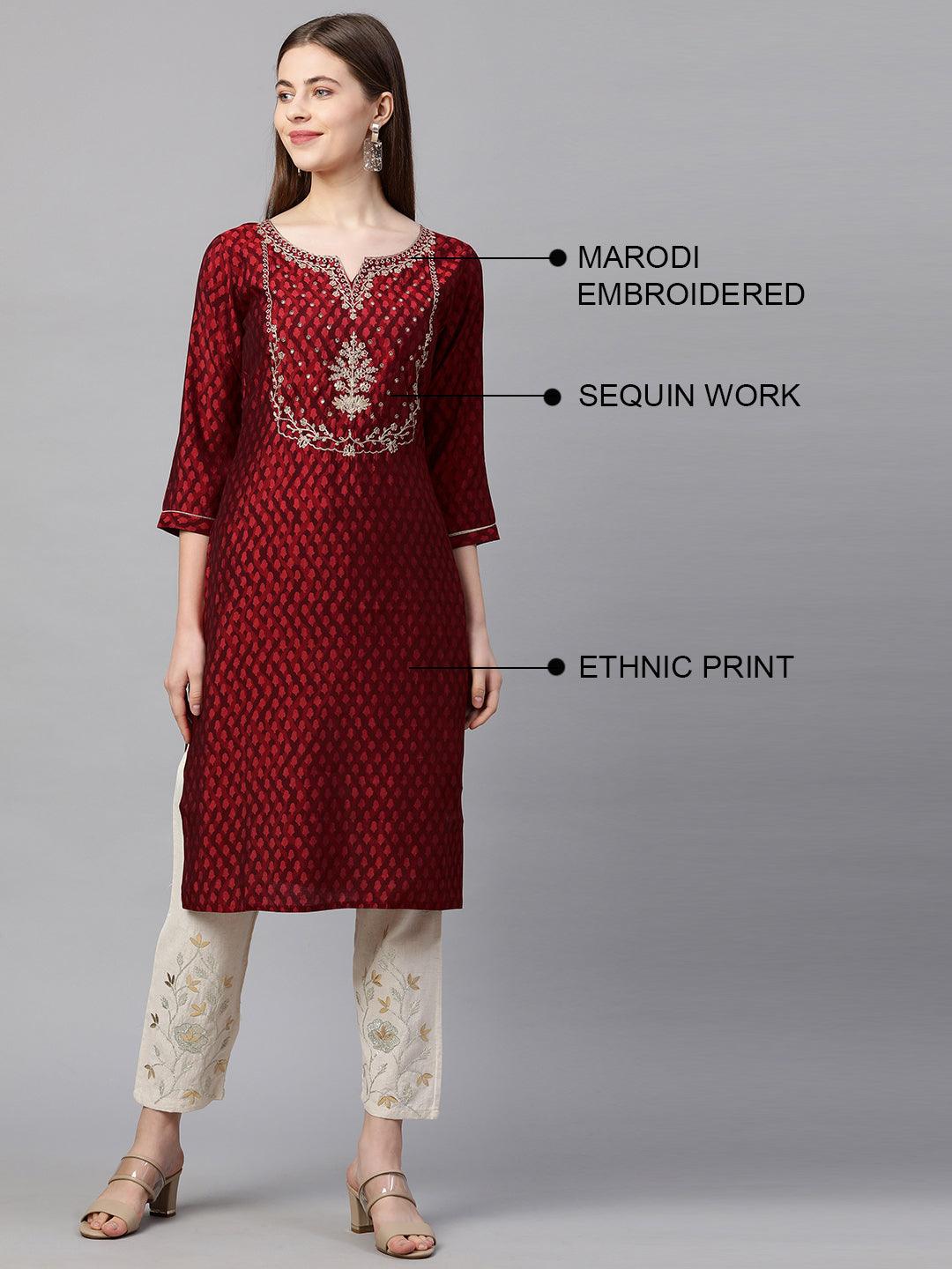 Ethnic Printed & Embroidered Straight Kurta - Garnet Red - Indiakreations