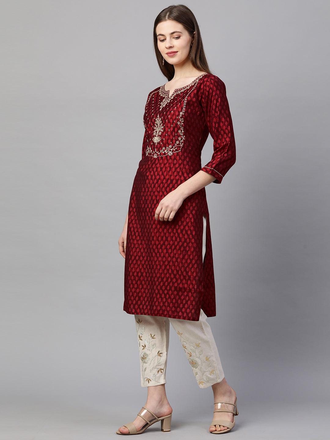 Ethnic Printed & Embroidered Straight Kurta - Garnet Red - Indiakreations