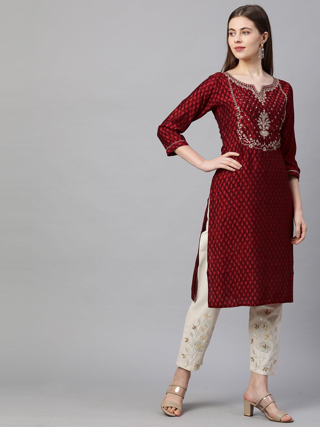 Ethnic Printed & Embroidered Straight Kurta - Garnet Red - Indiakreations