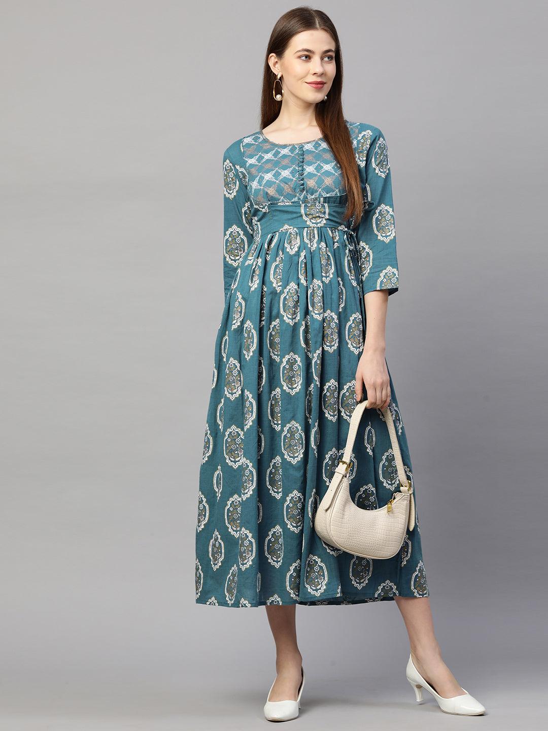 Ethnic Khari & Foil Printed Maxi Dress - Yale Blue - Indiakreations