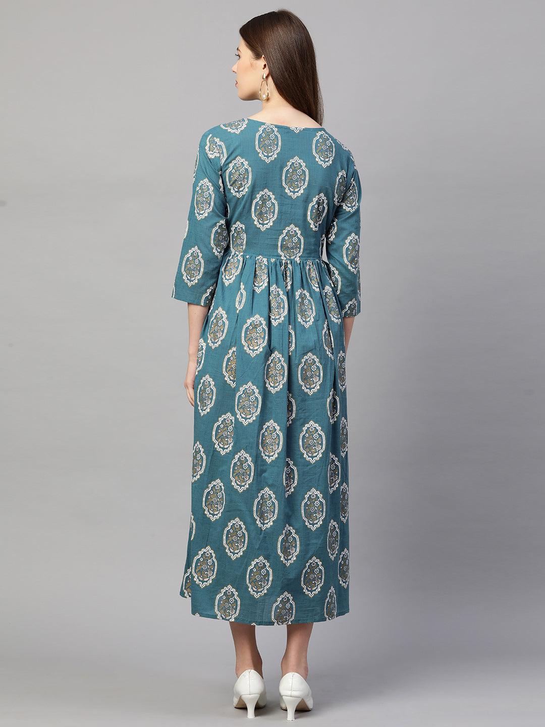 Ethnic Khari & Foil Printed Maxi Dress - Yale Blue - Indiakreations